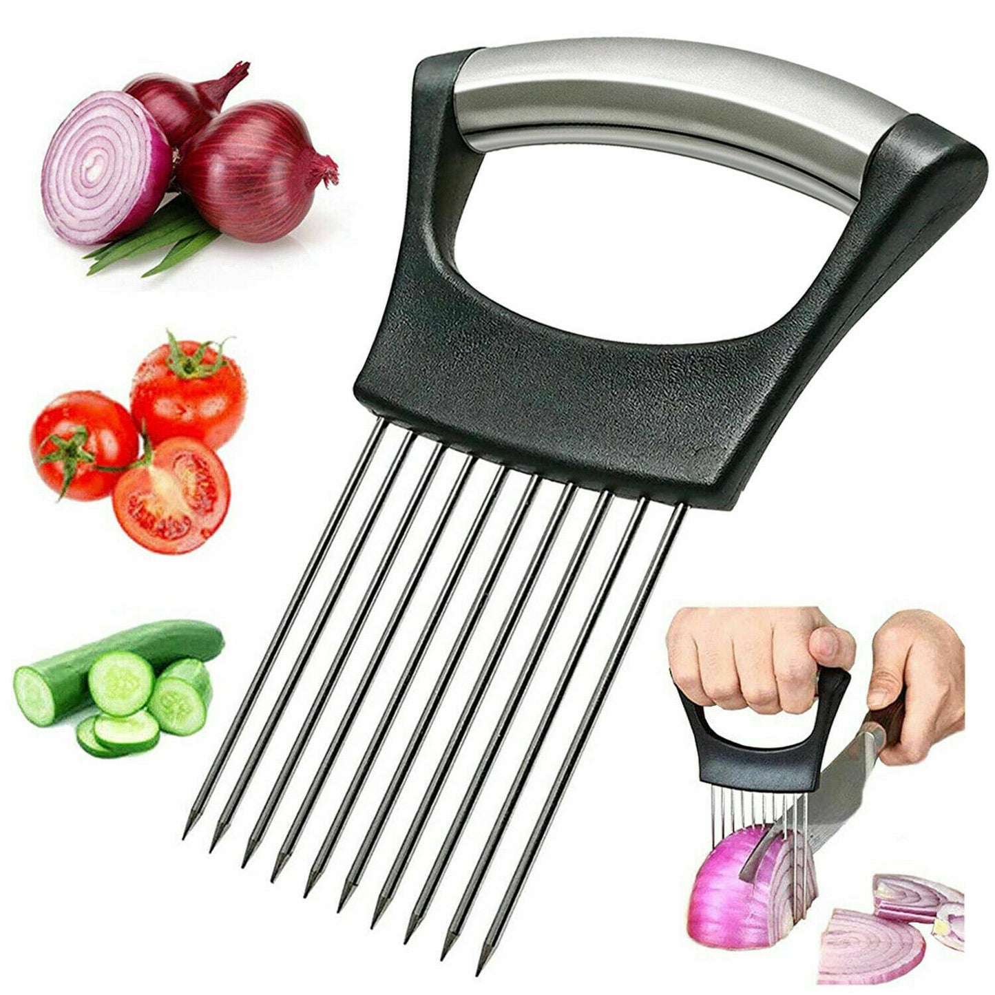 Food Slice Assistant: Stainless Steel Onion Holder, Tomato Cutter