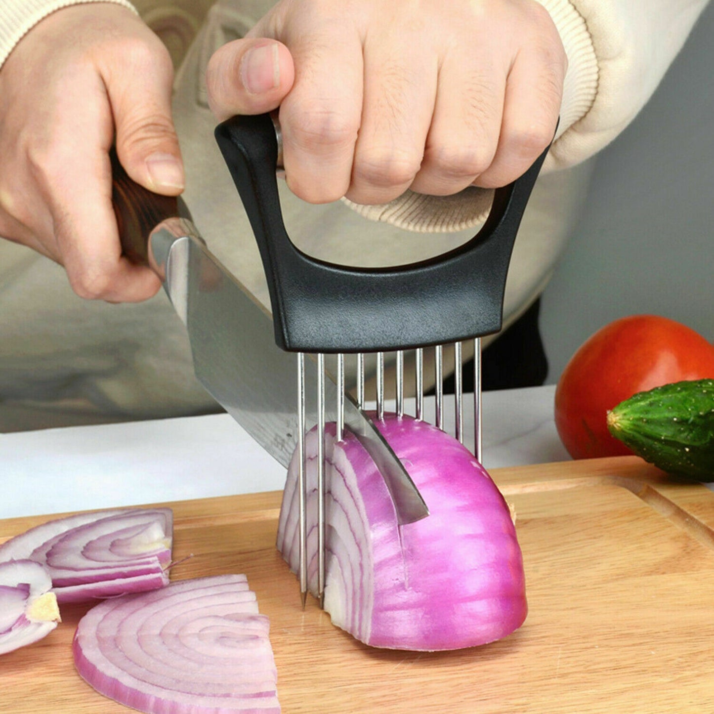 Food Slice Assistant: Stainless Steel Onion Holder, Tomato Cutter