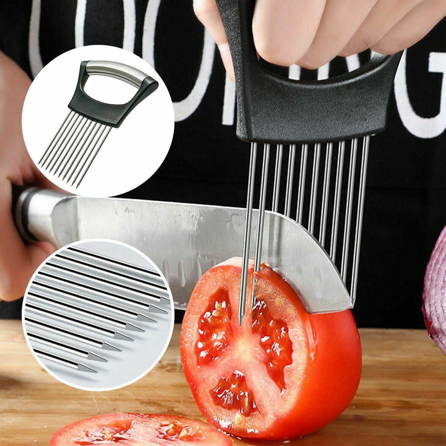 Food Slice Assistant: Stainless Steel Onion Holder, Tomato Cutter
