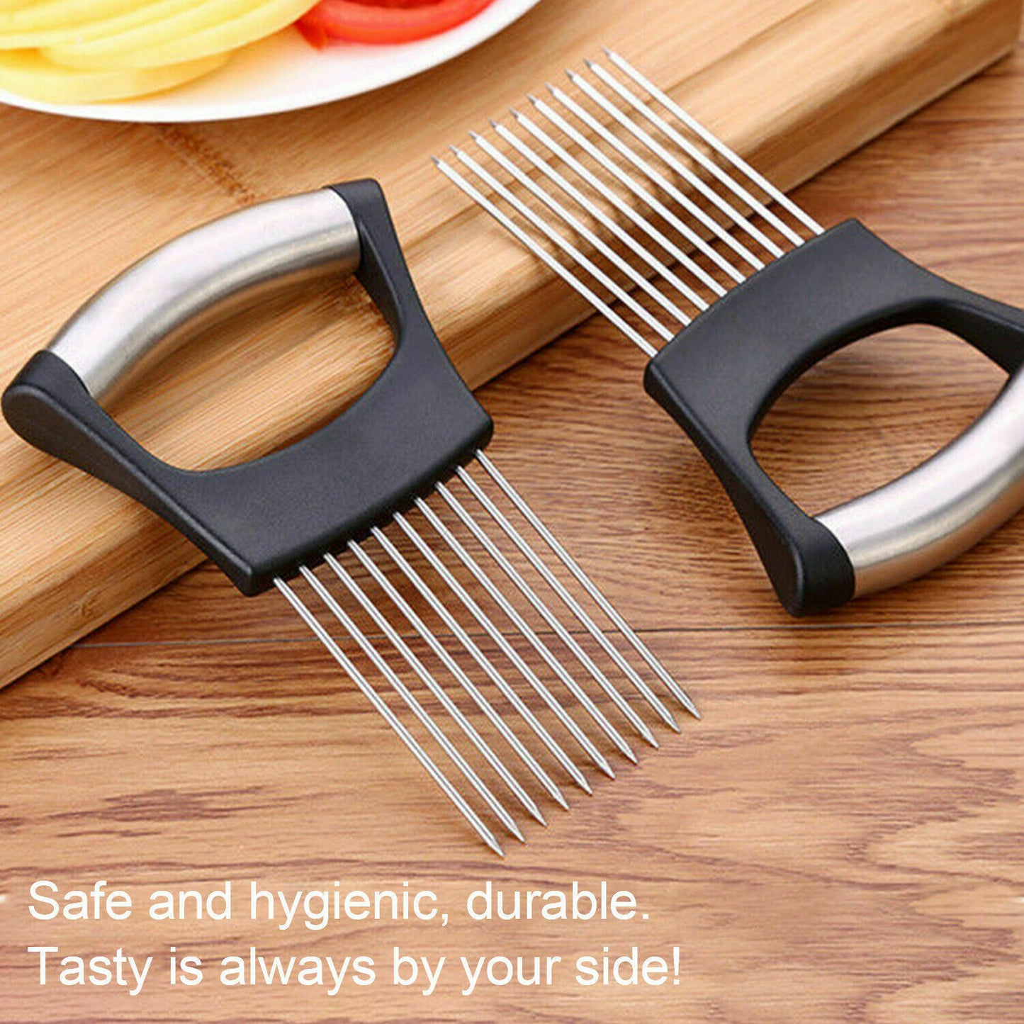 Food Slice Assistant: Stainless Steel Onion Holder, Tomato Cutter