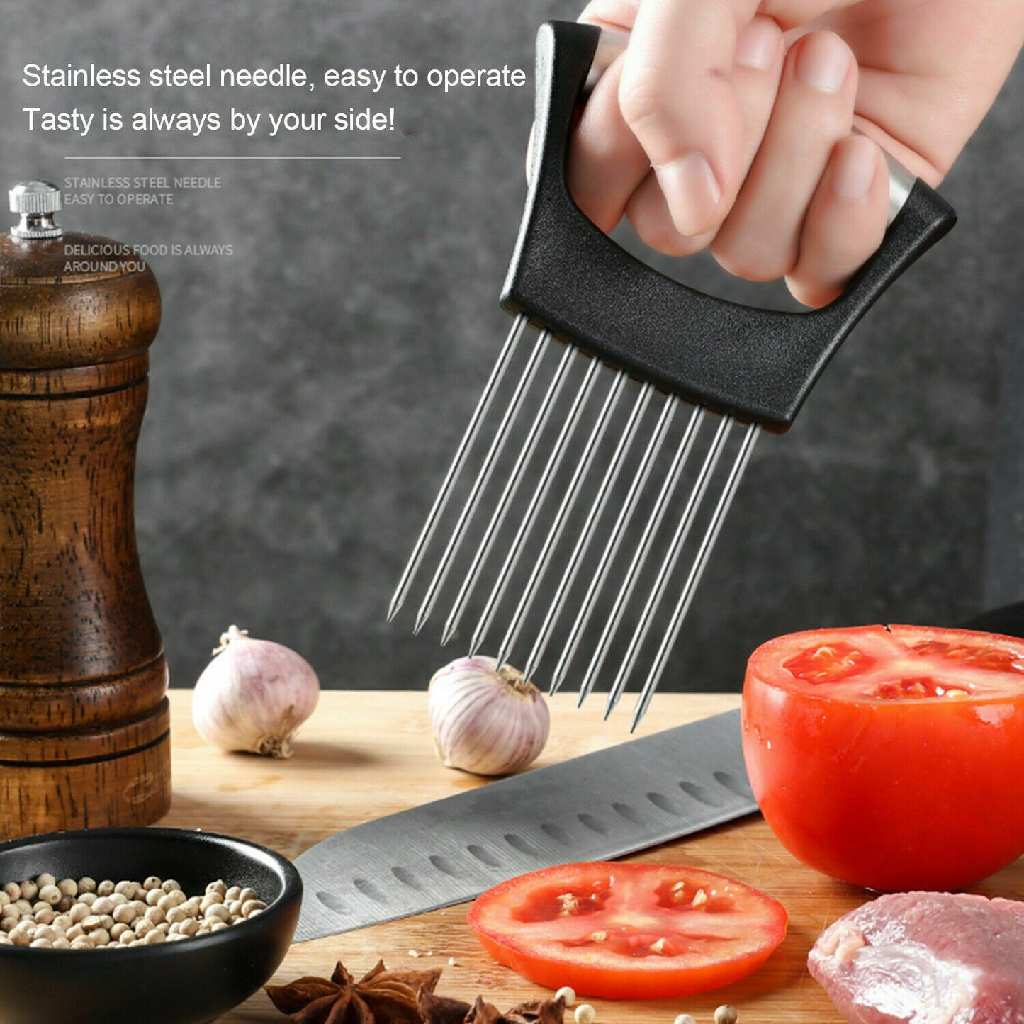 Food Slice Assistant: Stainless Steel Onion Holder, Tomato Cutter